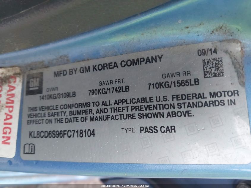 2015 Chevrolet Spark 1Lt Cvt VIN: KL8CD6S96FC718104 Lot: 43968826