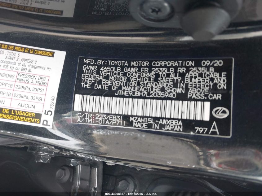 2020 Lexus Ux 250H F Sport VIN: JTHE9JBH7L2035940 Lot: 43968827