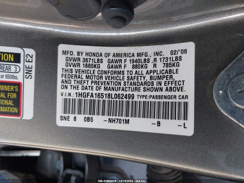 2008 Honda Civic Lx VIN: 1HGFA16518L062499 Lot: 43968829