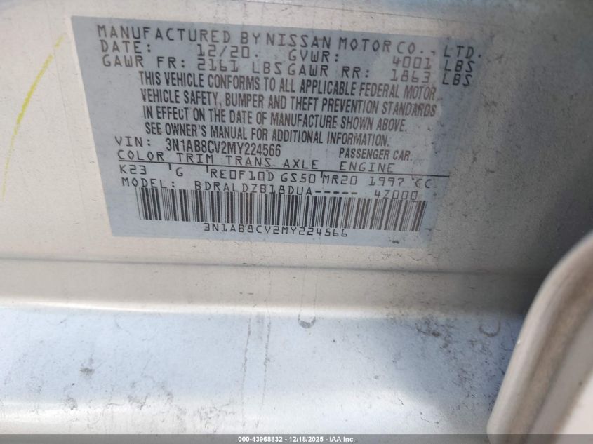 2021 Nissan Sentra Sv Xtronic Cvt VIN: 3N1AB8CV2MY224566 Lot: 43968832