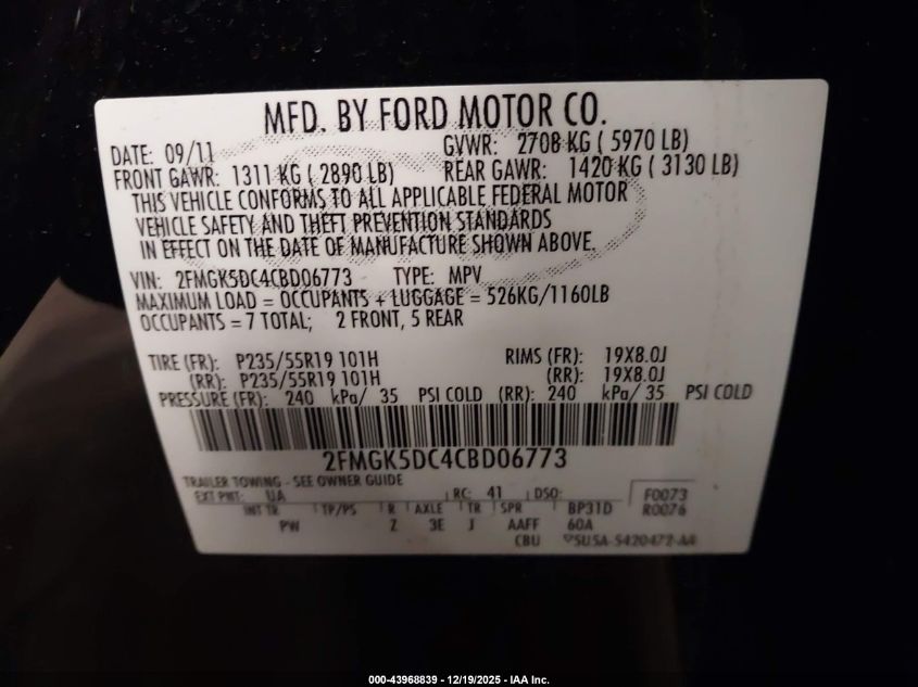 2012 Ford Flex Limited VIN: 2FMGK5DC4CBD06773 Lot: 43968839