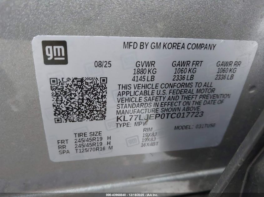 2026 Chevrolet Trax Fwd 2Rs VIN: KL77LJEP0TC017723 Lot: 43968840