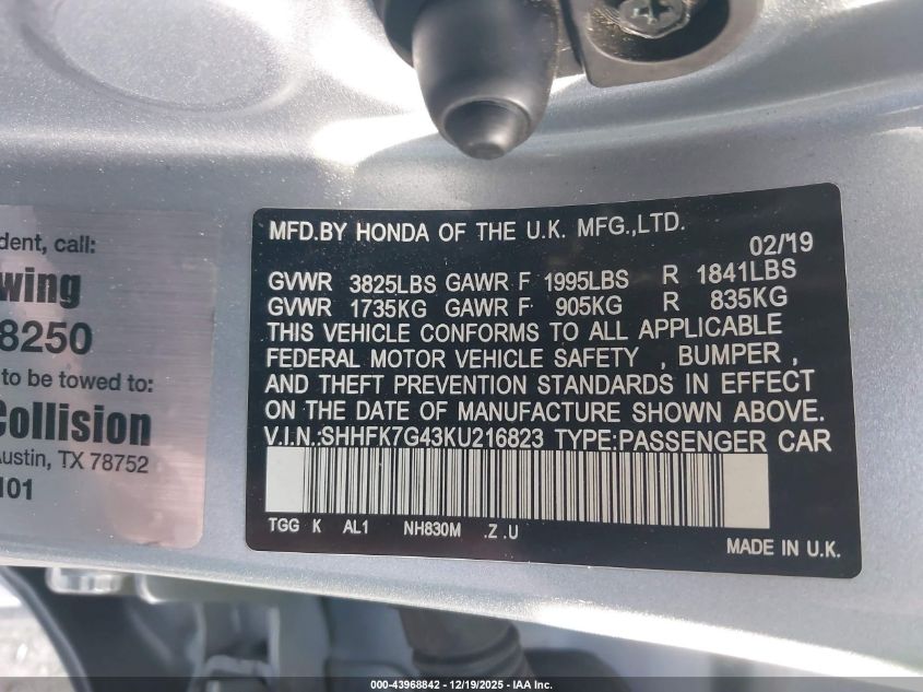 2019 Honda Civic Sport VIN: SHHFK7G43KU216823 Lot: 43968842