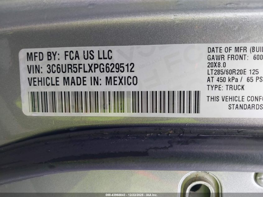 2023 Ram 2500 Laramie 4X4 6'4 Box VIN: 3C6UR5FLXPG629512 Lot: 43968843