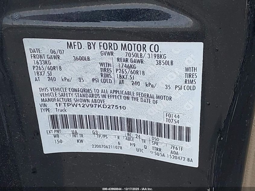 2007 Ford F-150 Lariat/Xlt VIN: 1FTPW12V97KD27510 Lot: 43968844