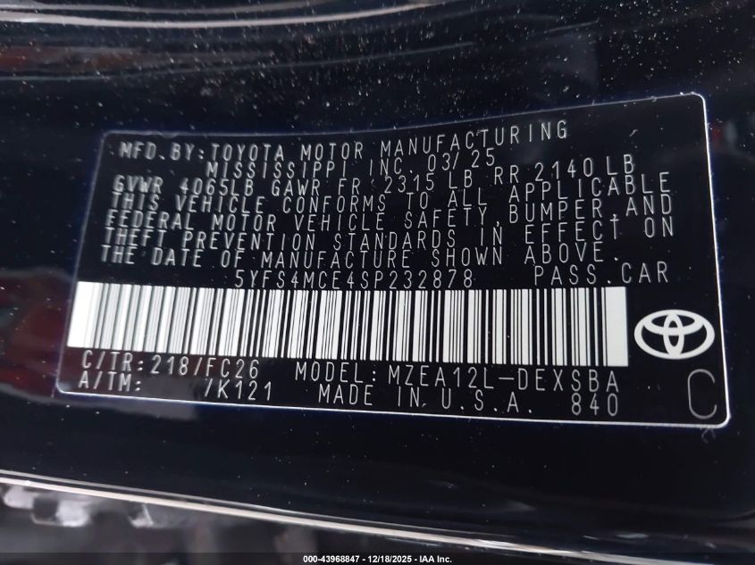 2025 Toyota Corolla Se VIN: 5YFS4MCE4SP232878 Lot: 43968847