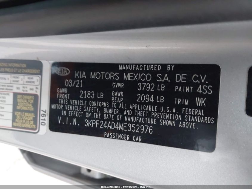 2021 Kia Forte Lxs VIN: 3KPF24AD4ME352976 Lot: 43968850