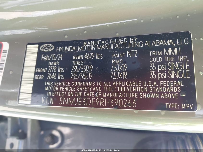 2024 Hyundai Tucson Limited VIN: 5NMJE3DE9RH390266 Lot: 43968855