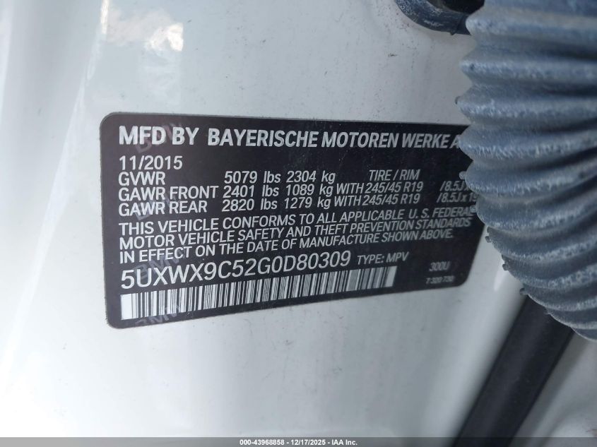 2016 BMW X3 xDrive28I VIN: 5UXWX9C52G0D80309 Lot: 43968858