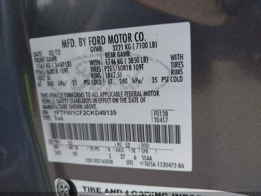 2012 Ford F-150 Xlt VIN: 1FTFW1CF2CKD49135 Lot: 43968865