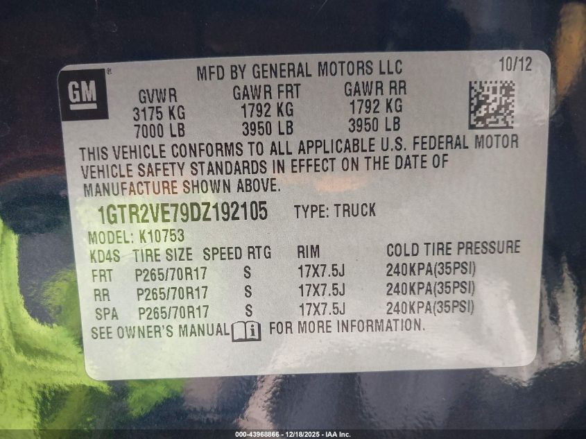 2013 GMC Sierra 1500 Sle VIN: 1GTR2VE79DZ192105 Lot: 43968866