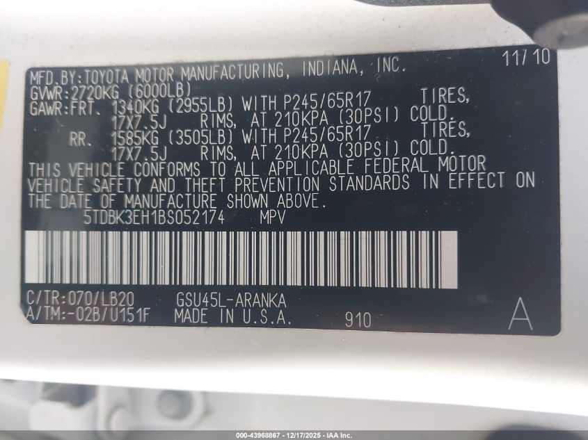 2011 Toyota Highlander Se V6 VIN: 5TDBK3EH1BS052174 Lot: 43968867