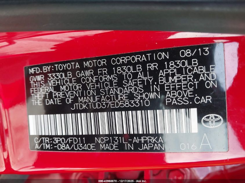 2014 Toyota Yaris Se (Tmc/Cbu Plant) VIN: JTDKTUD37ED583310 Lot: 43968870