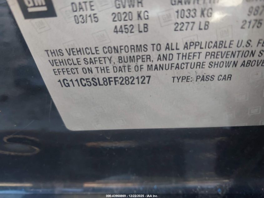 2015 Chevrolet Malibu 1Lt VIN: 1G11C5SL8FF282127 Lot: 43968869