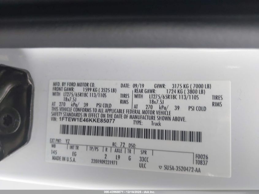 2019 Ford F-150 Lariat VIN: 1FTEW1E46KKE85077 Lot: 43968871