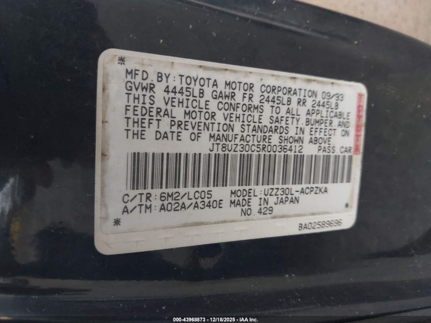 1994 Lexus Sc 400 VIN: JT8UZ30C5R0036412 Lot: 43968873