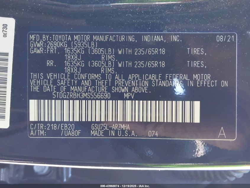 2021 Toyota Highlander Xle VIN: 5TDGZRBH3MS556690 Lot: 43968874