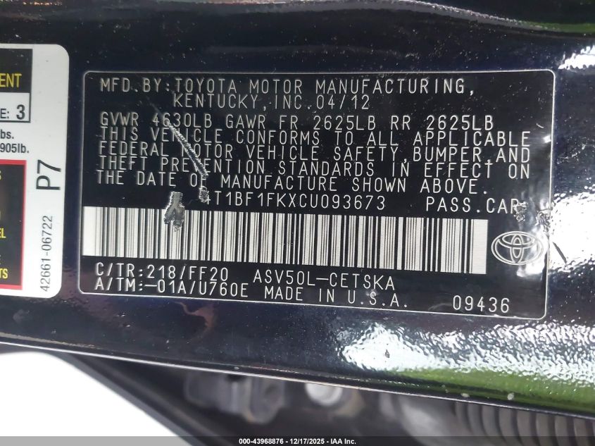 2012 Toyota Camry Se VIN: 4T1BF1FKXCU093673 Lot: 43968876