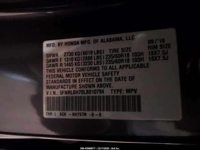 2020 Honda Odyssey Ex-L/Ex-L W/Navi Res VIN: 5FNRL6H70LB010794 Lot: 43968877