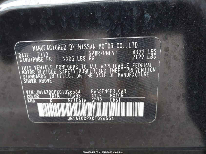 2012 Nissan Leaf Sl VIN: JN1AZ0CPXCT026534 Lot: 43968878