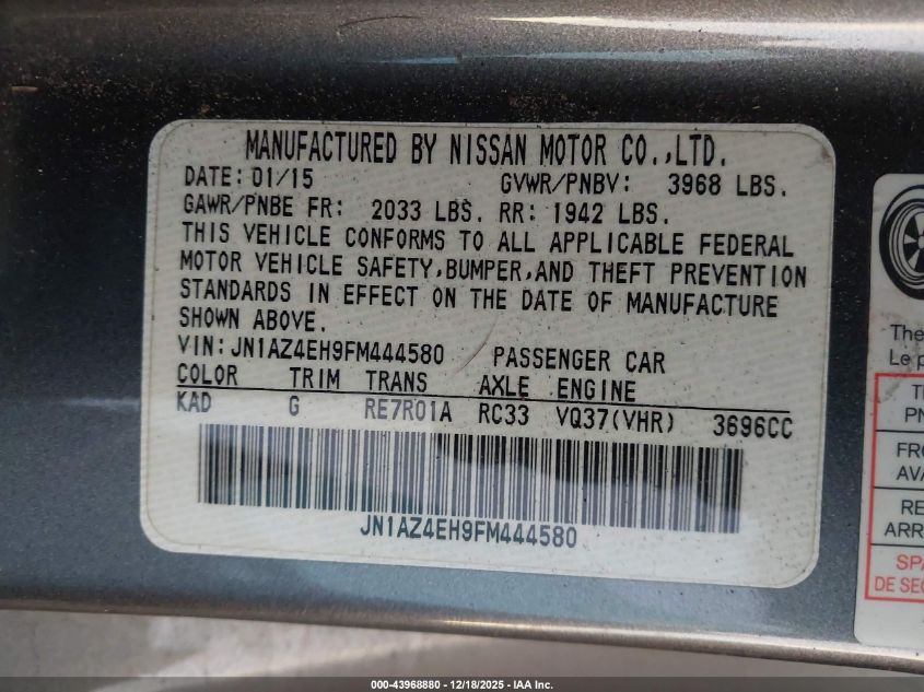 2015 Nissan 370Z VIN: JN1AZ4EH9FM444580 Lot: 43968880