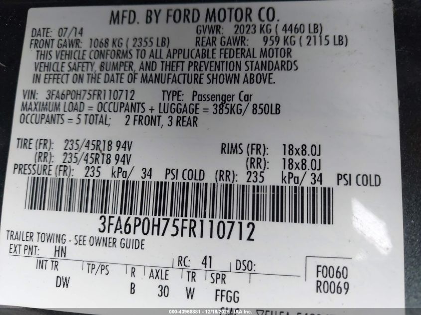 2015 Ford Fusion Se VIN: 3FA6P0H75FR110712 Lot: 43968881