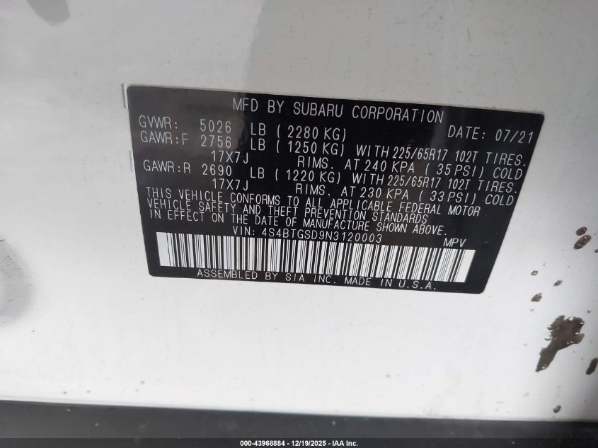 2022 Subaru Outback Wilderness VIN: 4S4BTGSD9N3120003 Lot: 43968884