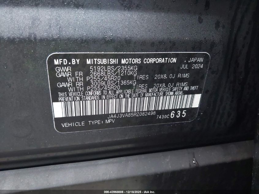 2024 Mitsubishi Outlander Se 2.5 2Wd/Se Black Edition S-Awc/Se Black Edition W/Pano Roof VIN: JA4J3VA85RZ082498 Lot: 43968886