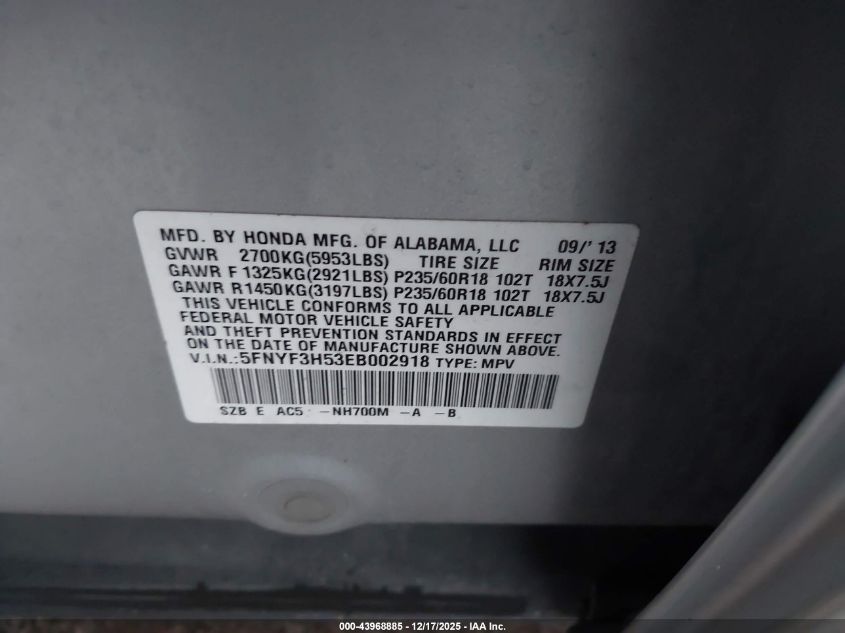 2014 Honda Pilot Ex-L VIN: 5FNYF3H53EB002918 Lot: 43968885