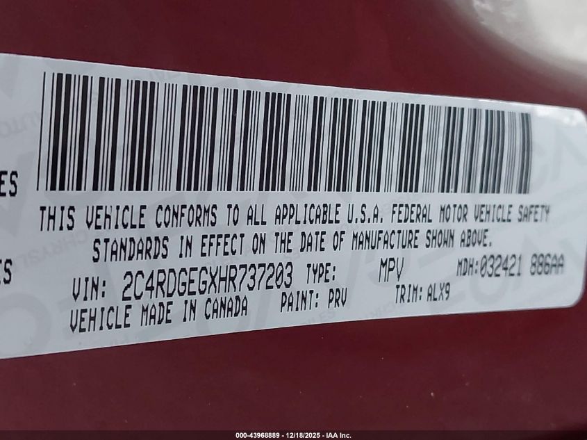 2017 Dodge Grand Caravan Gt VIN: 2C4RDGEGXHR737203 Lot: 43968889