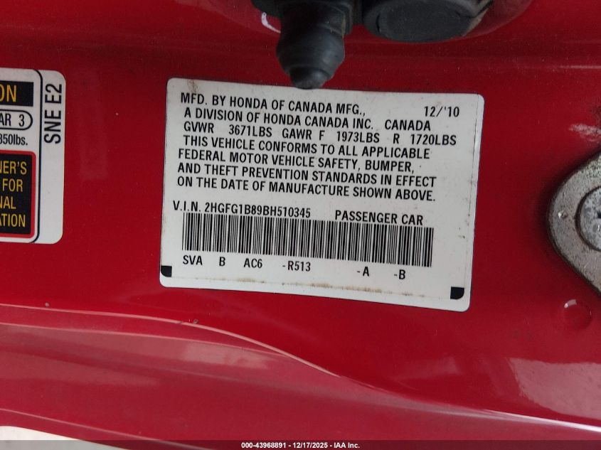 2011 Honda Civic Ex VIN: 2HGFG1B89BH510345 Lot: 43968891