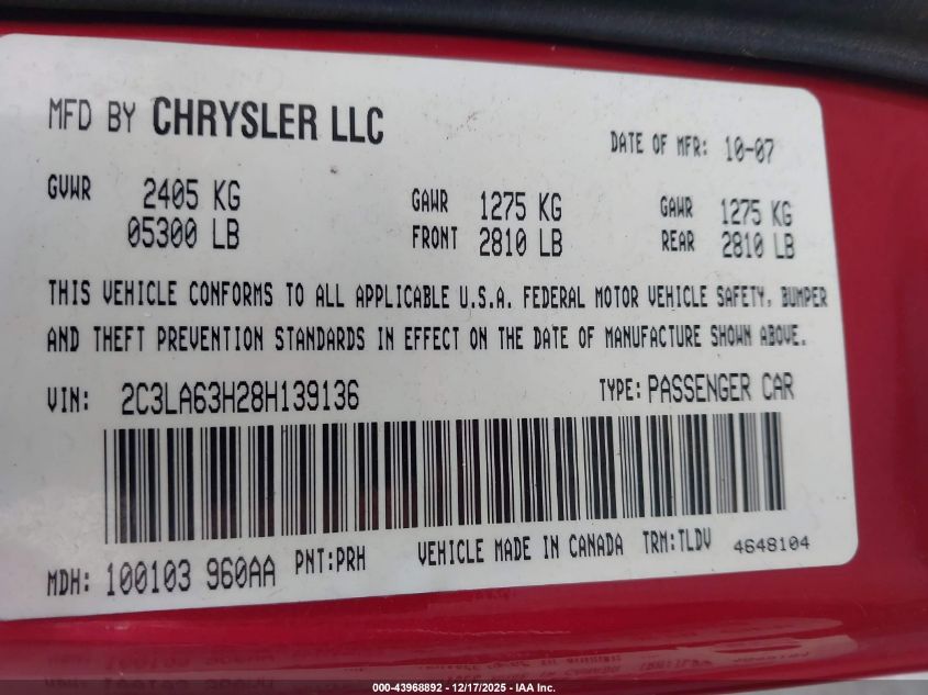 2008 Chrysler 300C Hemi VIN: 2C3LA63H28H139136 Lot: 43968892