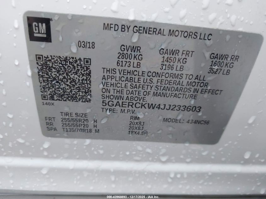 2018 Buick Enclave Premium VIN: 5GAERCKW4JJ233603 Lot: 43968893