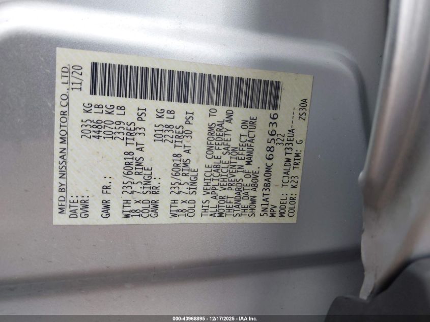 2021 Nissan Rogue Sv Fwd VIN: 5N1AT3BA0MC685636 Lot: 43968895