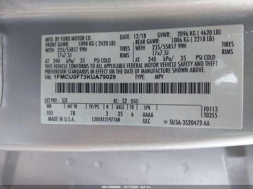 2019 Ford Escape S VIN: 1FMCU0F73KUA79029 Lot: 43968898