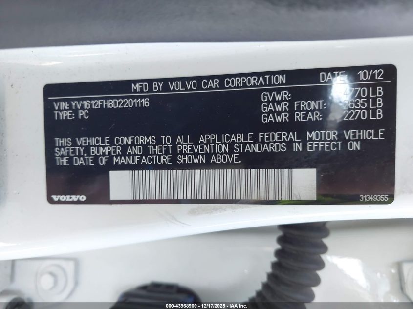 2013 Volvo S60 T5 Platinum VIN: YV1612FH8D2201116 Lot: 43968900