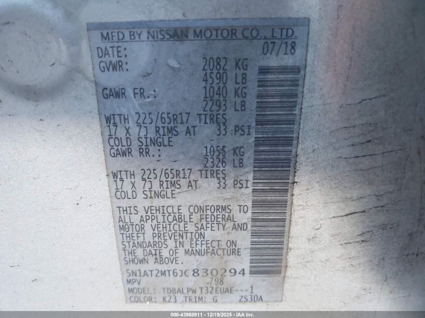 2018 Nissan Rogue S VIN: 5N1AT2MT6JC830294 Lot: 43968911