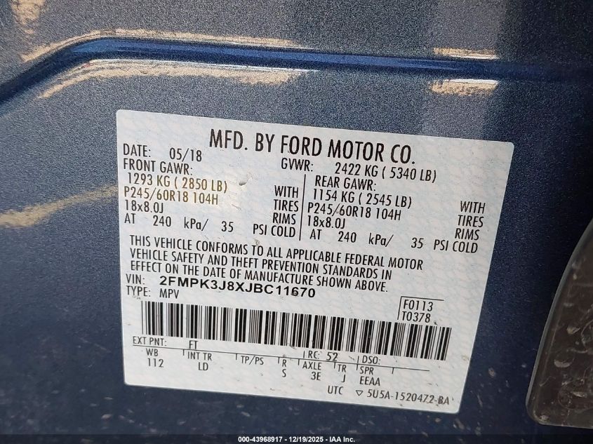 2018 Ford Edge Sel VIN: 2FMPK3J8XJBC11670 Lot: 43968917