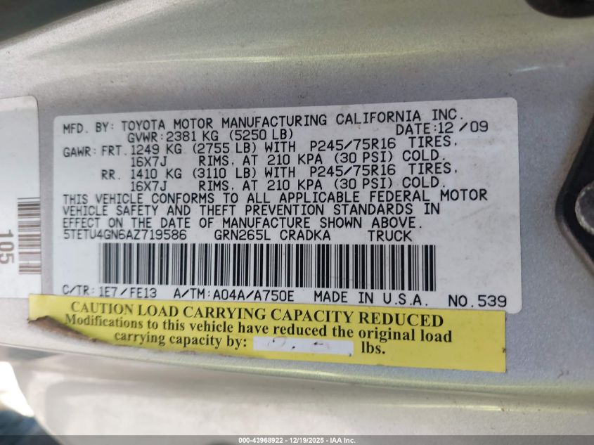 2010 Toyota Tacoma Prerunner V6 VIN: 5TETU4GN6AZ719586 Lot: 43968922
