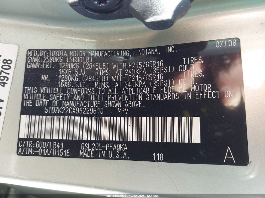 2009 Toyota Sienna Xle VIN: 5TDZK22CX9S229610 Lot: 43968923