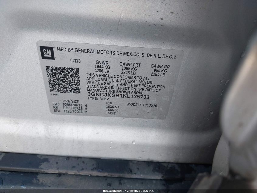 2019 Chevrolet Trax Ls VIN: 3GNCJKSB1KL135733 Lot: 43968928