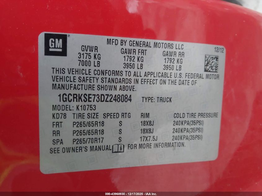 2013 Chevrolet Silverado 1500 Lt VIN: 1GCRKSE73DZ248084 Lot: 43968930