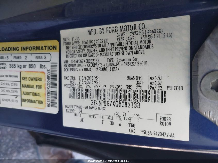 2016 Ford Fusion S VIN: 3FA6P0G7XGR282138 Lot: 43968931