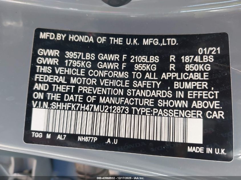 2021 Honda Civic Sport VIN: SHHFK7H47MU212873 Lot: 43968932