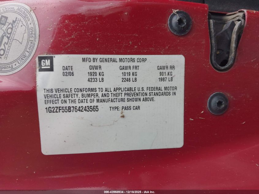 2006 Pontiac G6 VIN: 1G2ZF55B764243565 Lot: 43968934