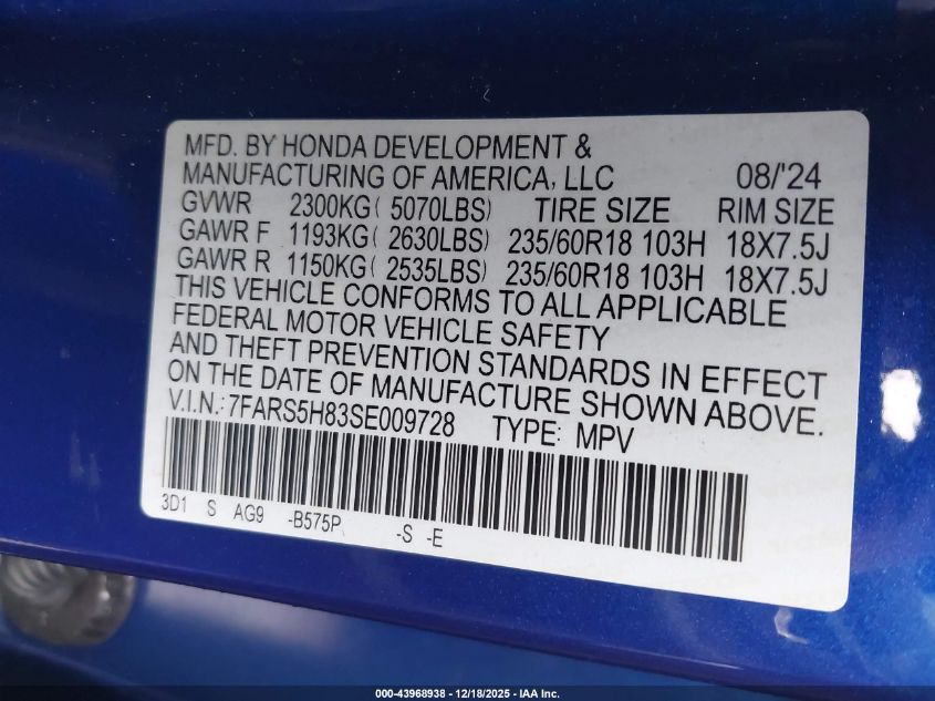 2025 Honda Cr-V Hybrid Sport-L VIN: 7FARS5H83SE009728 Lot: 43968938