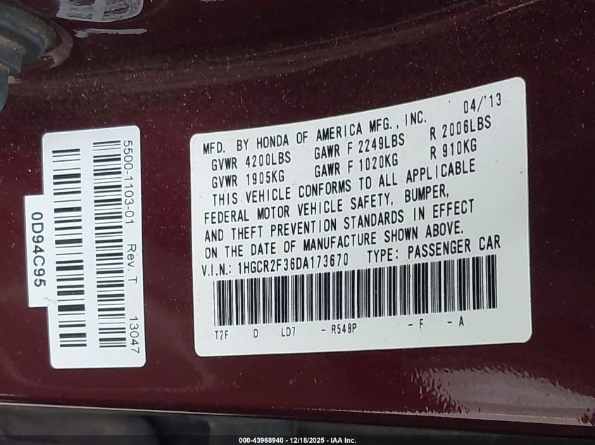 2013 Honda Accord Lx VIN: 1HGCR2F36DA173670 Lot: 43968940