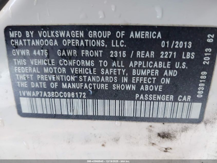 2013 Volkswagen Passat 2.5L S VIN: 1VWAP7A38DC096172 Lot: 43968945
