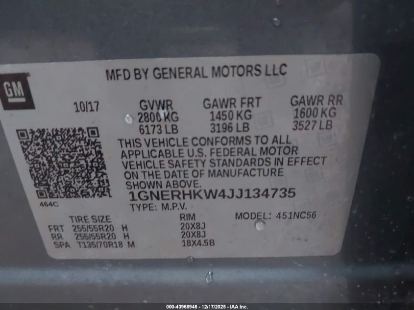 2018 Chevrolet Traverse 3Lt VIN: 1GNERHKW4JJ134735 Lot: 43968946