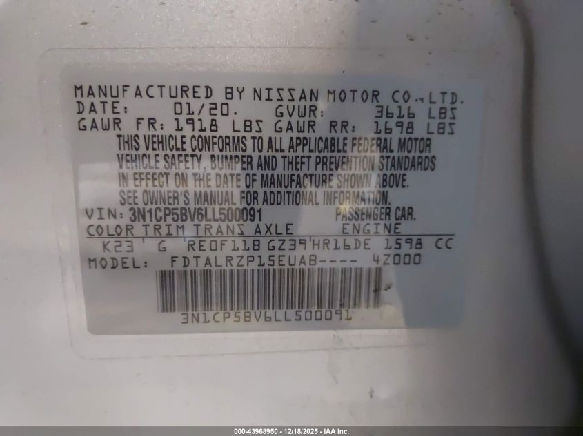 2020 Nissan Kicks S Xtronic Cvt VIN: 3N1CP5BV6LL500091 Lot: 43968950